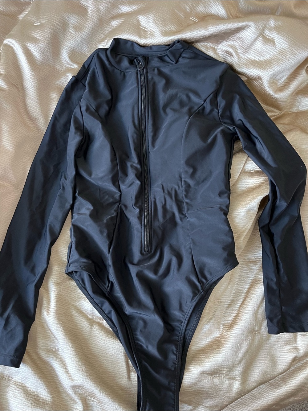 Black Long Sleeve Zip Front One-Piece Swimsuit